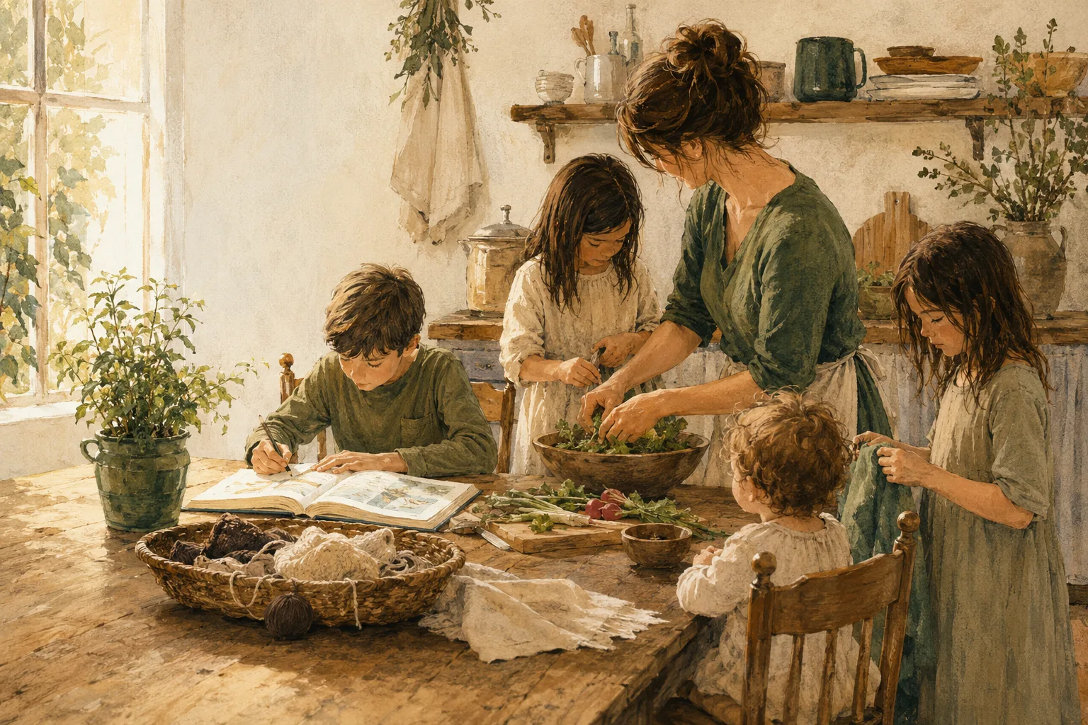 Illustration of a mother and four children learning, cooking, and making things together around a kitchen table.