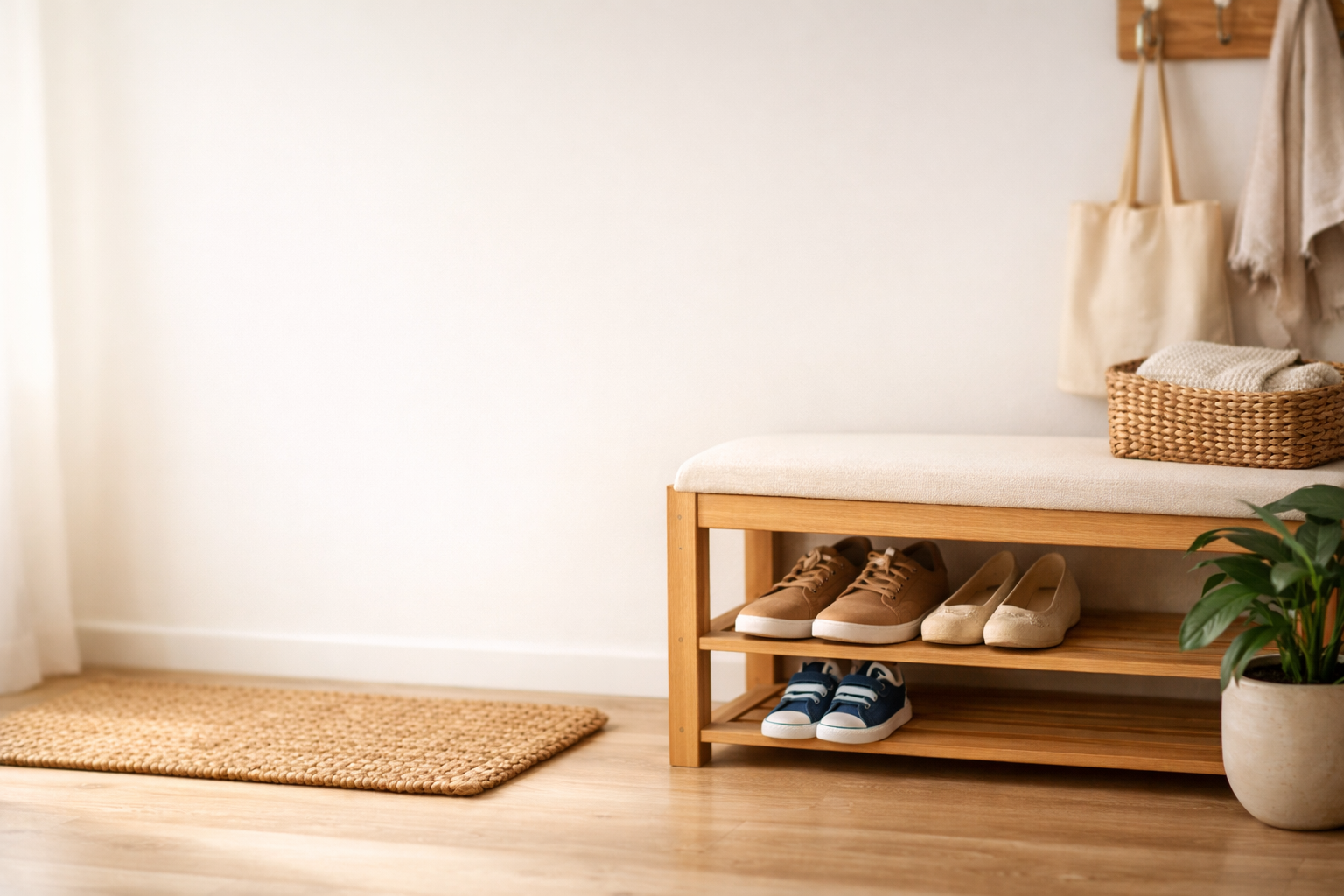 A light-wood entryway bench with an upholstered seat, two open shoe shelves, a woven floor mat, a wall hook with a tote, and a potted plant.